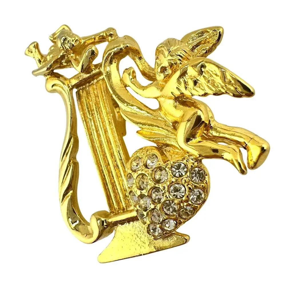 Premier Designs Cherub Angels Harp Heart Rhinestone Gold Tone Converter Brooch